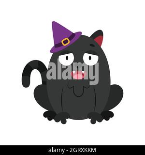 Black cat in witch's hat meows. Funny Halloween character. Cartoon mascot for holiday promotion. Isolated clipart for greeting card design, packing Stock Vector