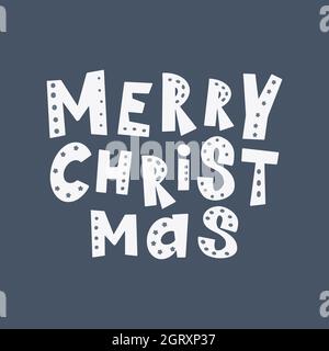 Merry christmas hand drawn lettering isolated on blue background. Vector holiday illustration element. Stock Vector