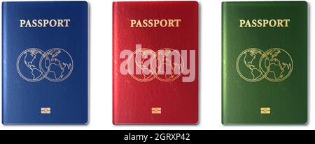 3d realistic vector collection of passports, green, red and blue. Stock Vector