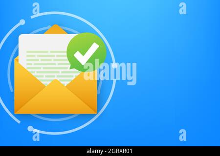 Opened envelope and document with green check mark. Verification email. Vector illustration. Stock Vector