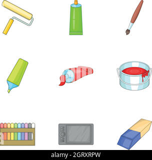 Art supplies icons set, cartoon style Stock Vector