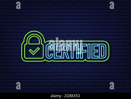 Certified stamp vector isolated on dark background. Neon icon. Stock Vector