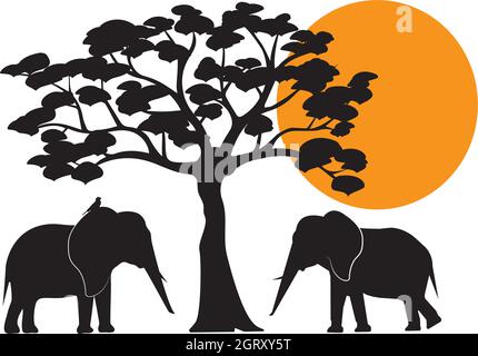 Elephants silhouettes in Africa, vector. Elephants silhouettes and tree illustration on sunset, illustration isolated on white background Stock Vector