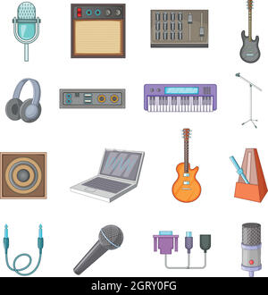 Cartoon sound recording studio with equipment and silhouette of singer ...