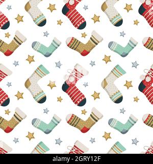 Seamless pattern with socks, stars and different print. Winter trendy background of clothing items, gift wrapping, postcards for Christmas or New year Stock Vector
