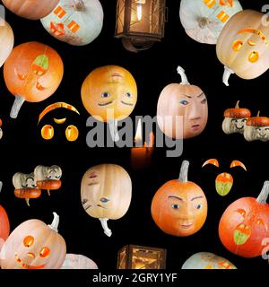 Seamless Halloween pattern, different pumpkins with toothy smiles on black background Stock Photo
