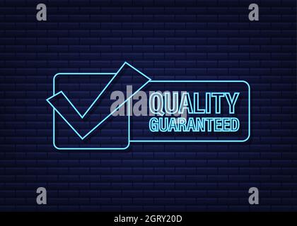 Quality guaranteed neon icon. Check mark. Premium quality symbol. Vector stock illustration. Stock Vector