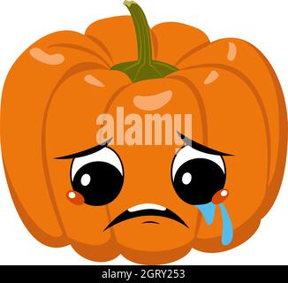 Cute pumpkin character with crying and tears emotion, sad face, depressive eyes. Festive decoration for Halloween. Vegetable orange hero Stock Vector