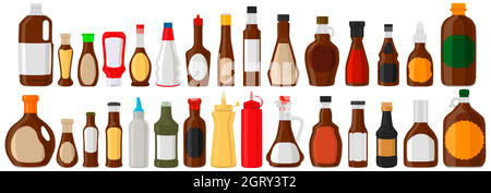 Illustration on theme big kit varied glass bottles filled liquid chocolate syrup Stock Vector