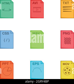 Type of file icons set, cartoon style Stock Vector
