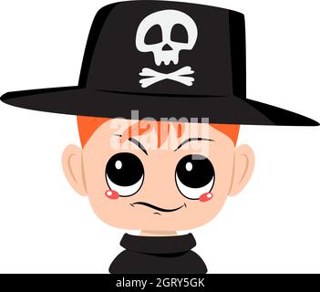 Avatar of boy with red hair, emotions of suspicious, displeased face in hat with skull. Cute kid with annoyed expression in carnival costume for Hallo Stock Vector