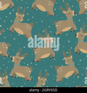 Christmas pattern with deers scandinavian hand drawn seamless pattern. New Year Digital paper Stock Vector