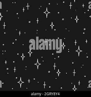 Hand drawn stars and dots on a black background. Vector seamless pattern Stock Vector