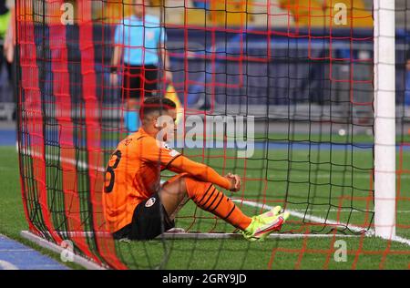 KYIV, UKRAINE - SEPTEMBER 28, 2021: UEFA Champions League game Shakhtar Donetsk v Internazionale. Pedrinho of Shakhtar. NSC Olimpiyskyi stadium in Kyiv Stock Photo