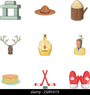 Canadian symbols icons set, cartoon style Stock Vector