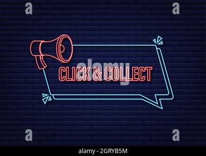 Megaphone click and collect neon banner. Flat style. Website vector icon. Vector stock illustration. Stock Vector