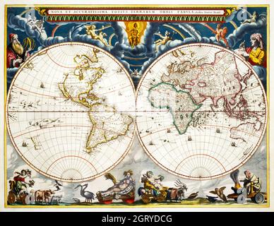 Nova et accuratissima totius terrarum orbis tabula (ca. 1648-1664) by Joan Blaeu. Map of the World. Stock Photo