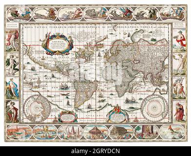 Nova totius terrarum orbis geographica ac hydrographica tabula (1635-1649) by Jan Aertse van den Ende. Map of the World. Stock Photo