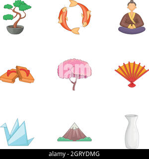 Symbols of Japan icons set, cartoon style Stock Vector