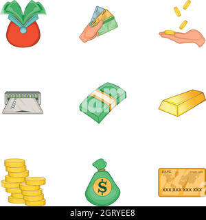 Modern money and finance icons set, cartoon style Stock Vector