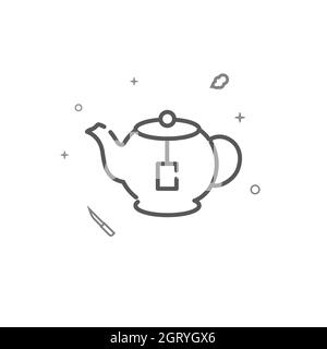 Teapot with tea bag simple line icon. Kitchenware related sign isolated on white background. Editable stroke. Adjust line weight. Stock Photo