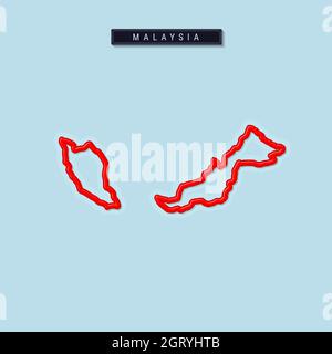 Malaysia bold outline map. Glossy red border with soft shadow. Country name plate. illustration. Stock Photo