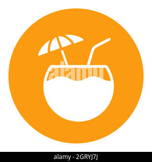 Coconut cocktail drink vector white glyph icon. Summer sign Stock Vector