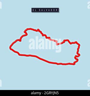 El Salvador bold outline map. Glossy red border with soft shadow. Country name plate. illustration. Stock Photo