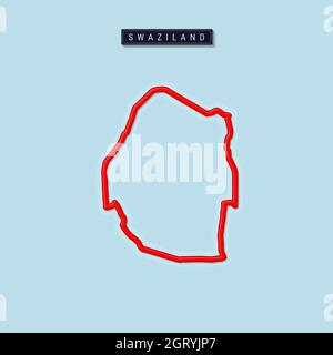 Swaziland or Eswatini bold outline map. Glossy red border with soft shadow. Country name plate. illustration. Stock Photo