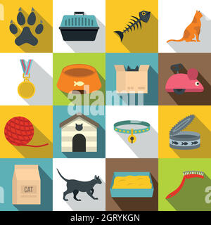 Cat care tools icons set, flat style Stock Vector