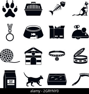 Cat care tools icons set, simple style Stock Vector