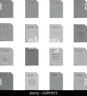 File extension icons set, monochrome style Stock Vector