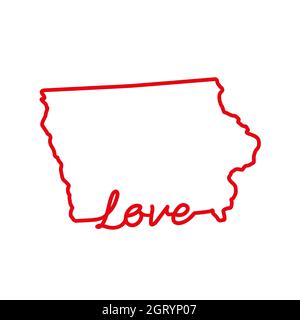 Iowa US state red outline map with the handwritten LOVE word. Continuous line drawing of patriotic home sign. A love for a small homeland. Interior de Stock Photo