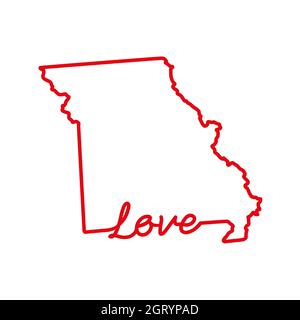 Missouri US state red outline map with the handwritten LOVE word. Continuous line drawing of patriotic home sign. A love for a small homeland. Interio Stock Photo