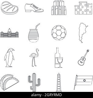 Argentina travel items icons set, outline style Stock Vector
