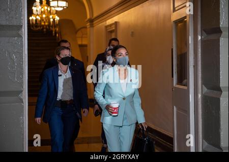 Washington DC, USA. 01st Oct, 2021. United States Representative Alexandria Ocasio-Cortez (Democrat of New York) arrives for a meeting with United States President Joe Biden and Speaker of the United States House of Representatives Nancy Pelosi (Democrat of California) for talks on the infrastructure bill at the US Capitol in Washington, DC, Friday, October 1, 2021. Credit: Rod Lamkey/CNP/dpa/Alamy Live News Stock Photo
