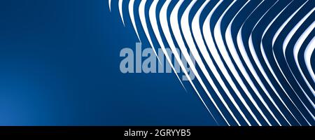 Blue background with graceful white curved lines on the right and place for text on the left. 3d rendering. Stock Photo