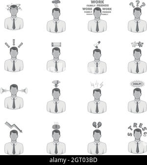 Stress icons set, monochrome style Stock Vector