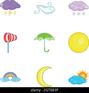 Weather icons set, cartoon style Stock Vector