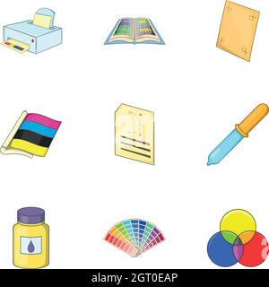 Palette and printer icons set, cartoon style Stock Vector