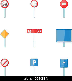 Different road signs icons set, cartoon style Stock Vector