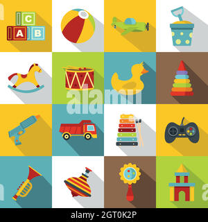 Different kids toys icons set, flat style Stock Vector