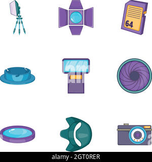 Camera accessories icons set, cartoon style Stock Vector