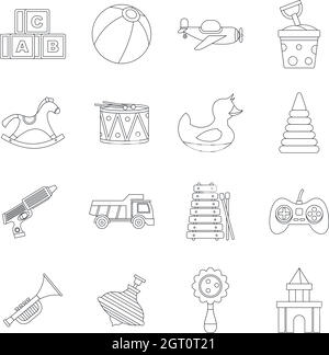 Different kids toys icons set, outline style Stock Vector