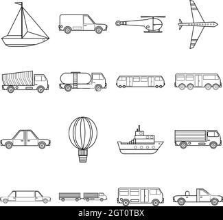 Transportation items icons set, outline style Stock Vector