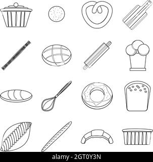 Bakery products icons set, outline style Stock Vector