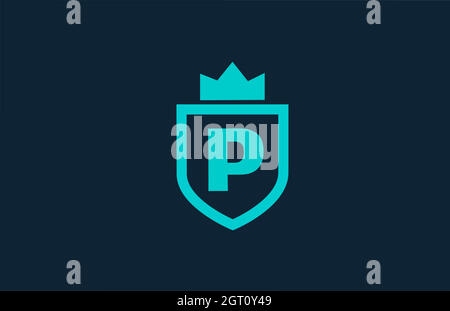 P blue shield alphabet icon logo for company with letter. Creative design for corporate and business with king crown Stock Vector