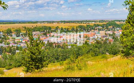 view of Red Lodge, town nestled in the foothills of the Beartooth Mountains, Montana Stock Photo