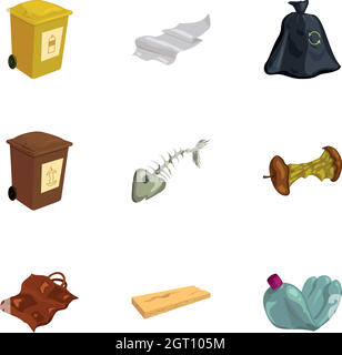 Garbage and recycling icons set, cartoon style Stock Vector