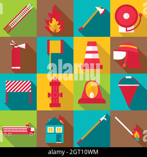 Fireman items icons set, flat style Stock Vector